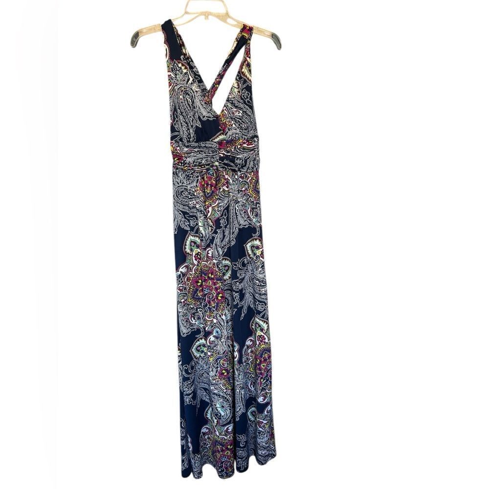 XOXO Navy Paisley Print Babydoll Empire Waist Y2K Cross Back Maxi Dress S